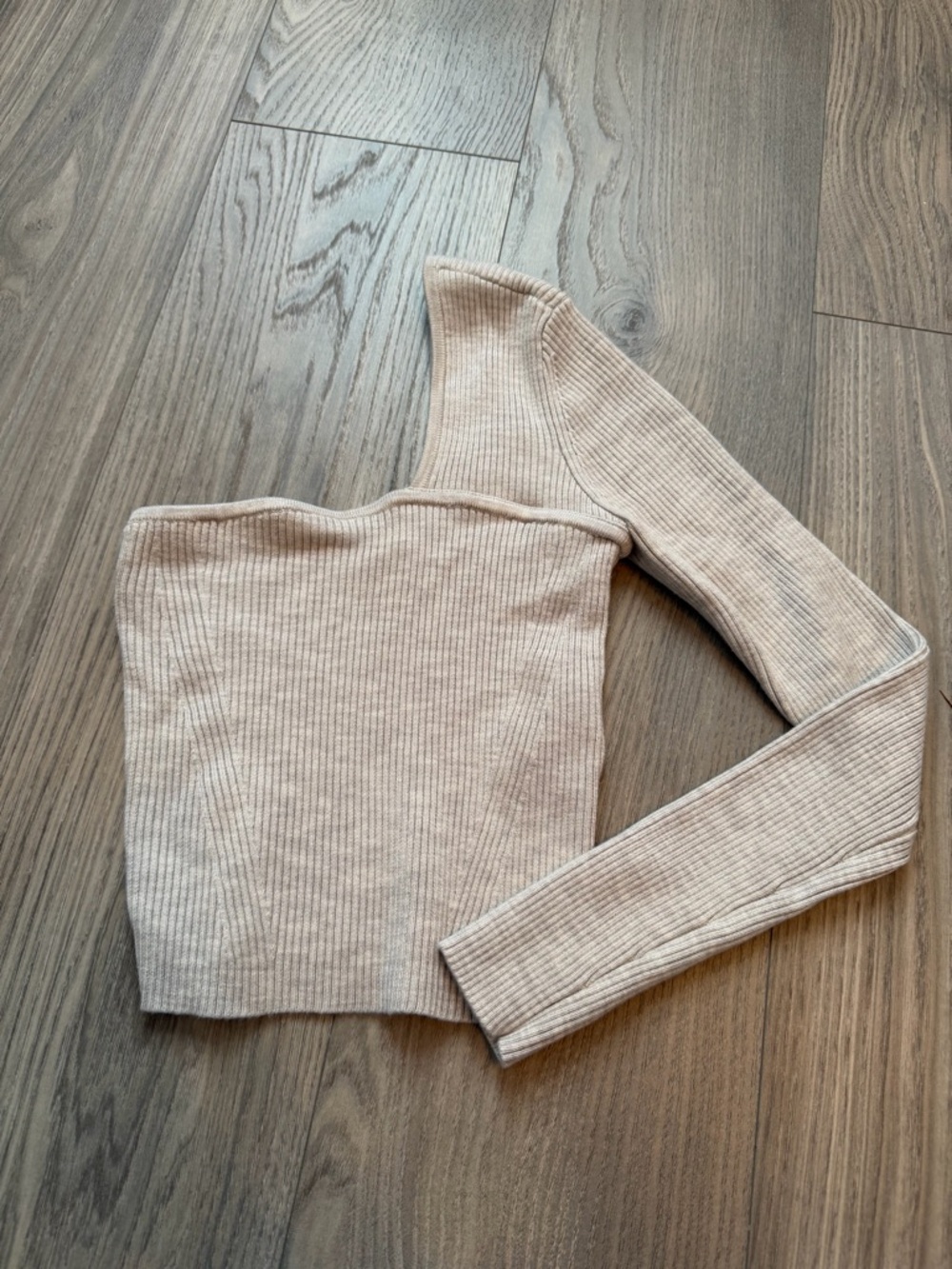One-Shoulder Ribbed Knit Top in Light Beige
